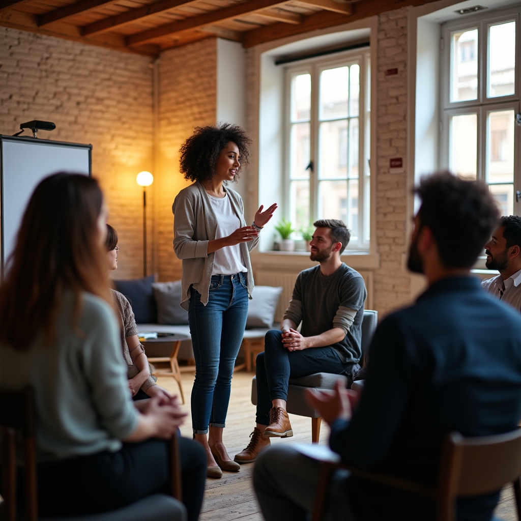 Grupo de profesionales practicando técnicas de oratoria en sesión vespertina