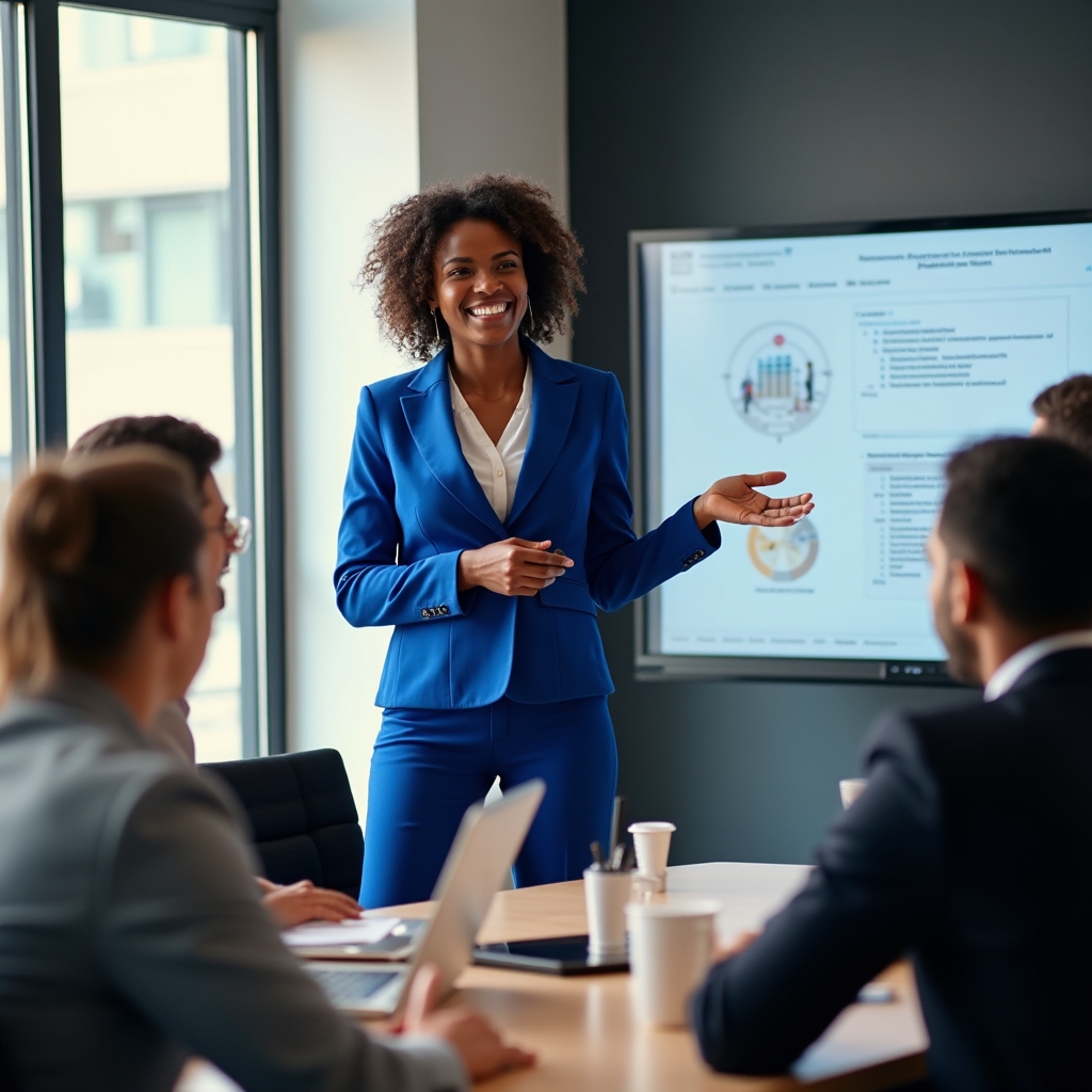 Equipo de ventas realizando una presentación comercial ante decisores de empresa