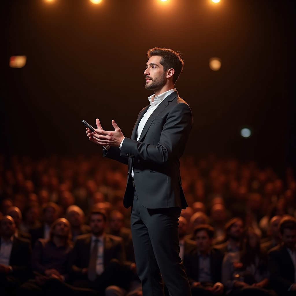 Orador en escenario con iluminación profesional durante presentación